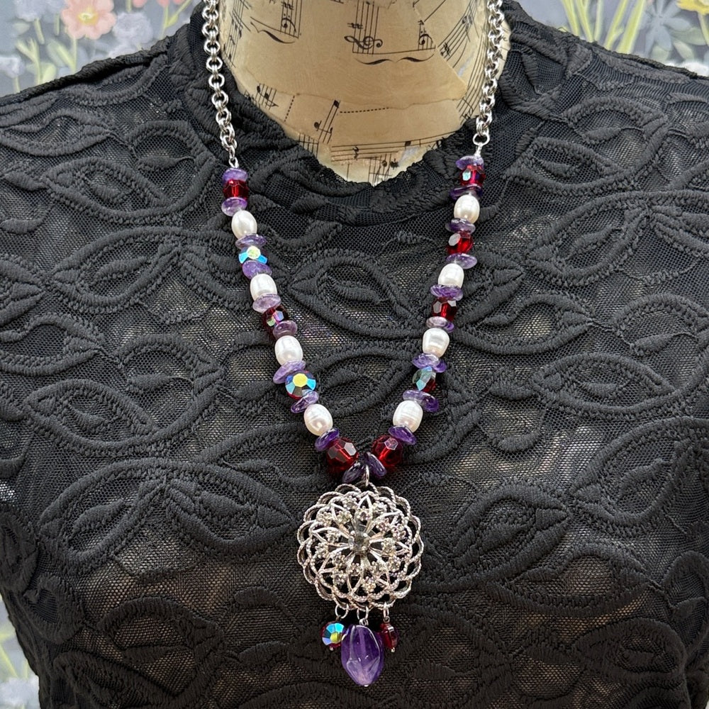 Adorned Crown Jewelry assemblage amethyst pearl red crystal pendant necklace