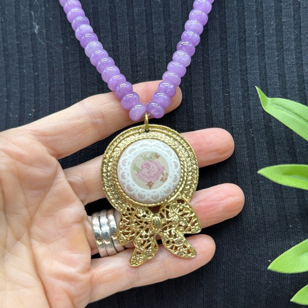 Adorned Crown Jewelry assemblage purple quartz cross stitch bonnet necklace