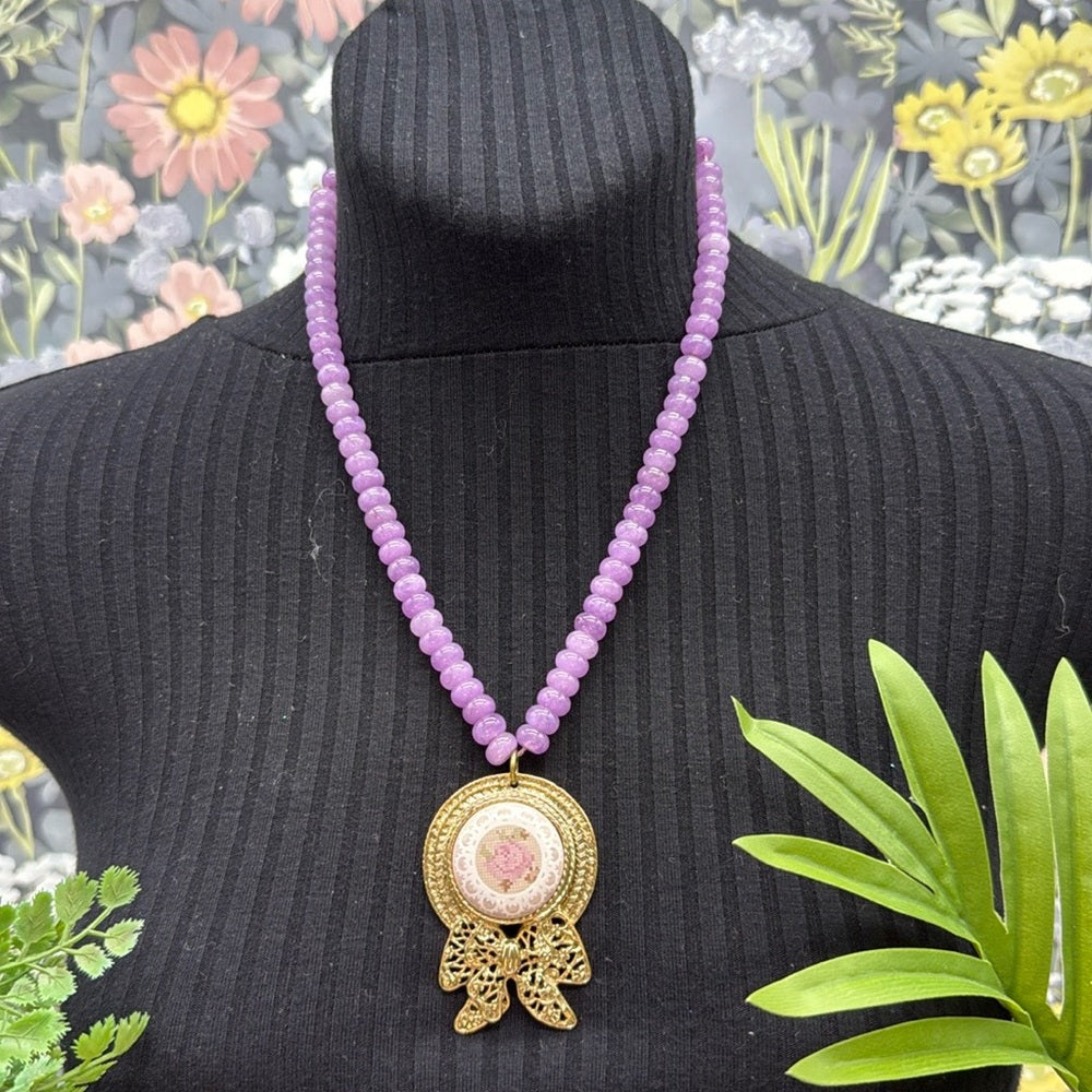 Adorned Crown Jewelry assemblage purple quartz cross stitch bonnet necklace
