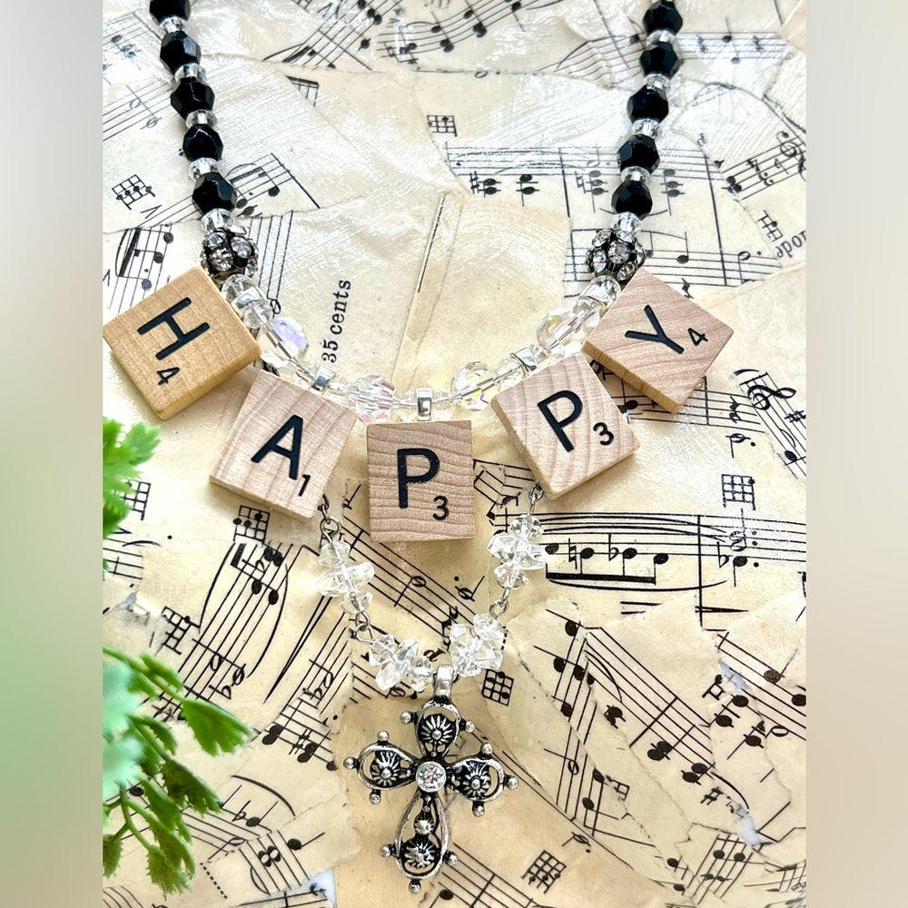 Adorned Crown Jewelry HAPPY jet black crystal bead cross necklace