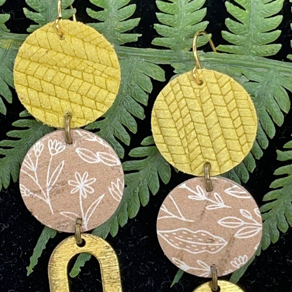 Adorned Crown geo yellow tan double leather earrings