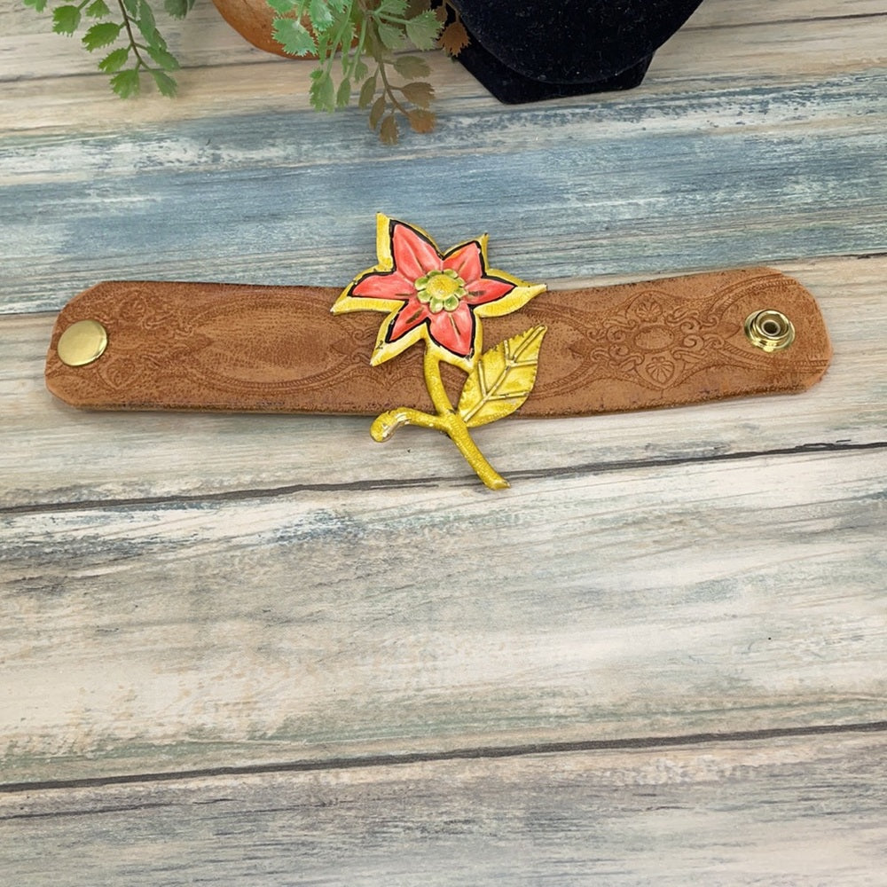 Adorned Crown assembled leather cuff enamel flower mid century boho bracelet