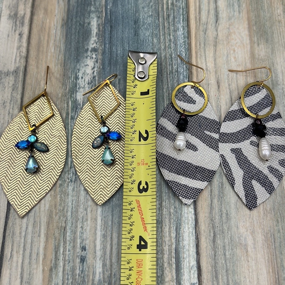 2 pair Adorned Crown Artisan Assemblage leather brass bead charm earrings