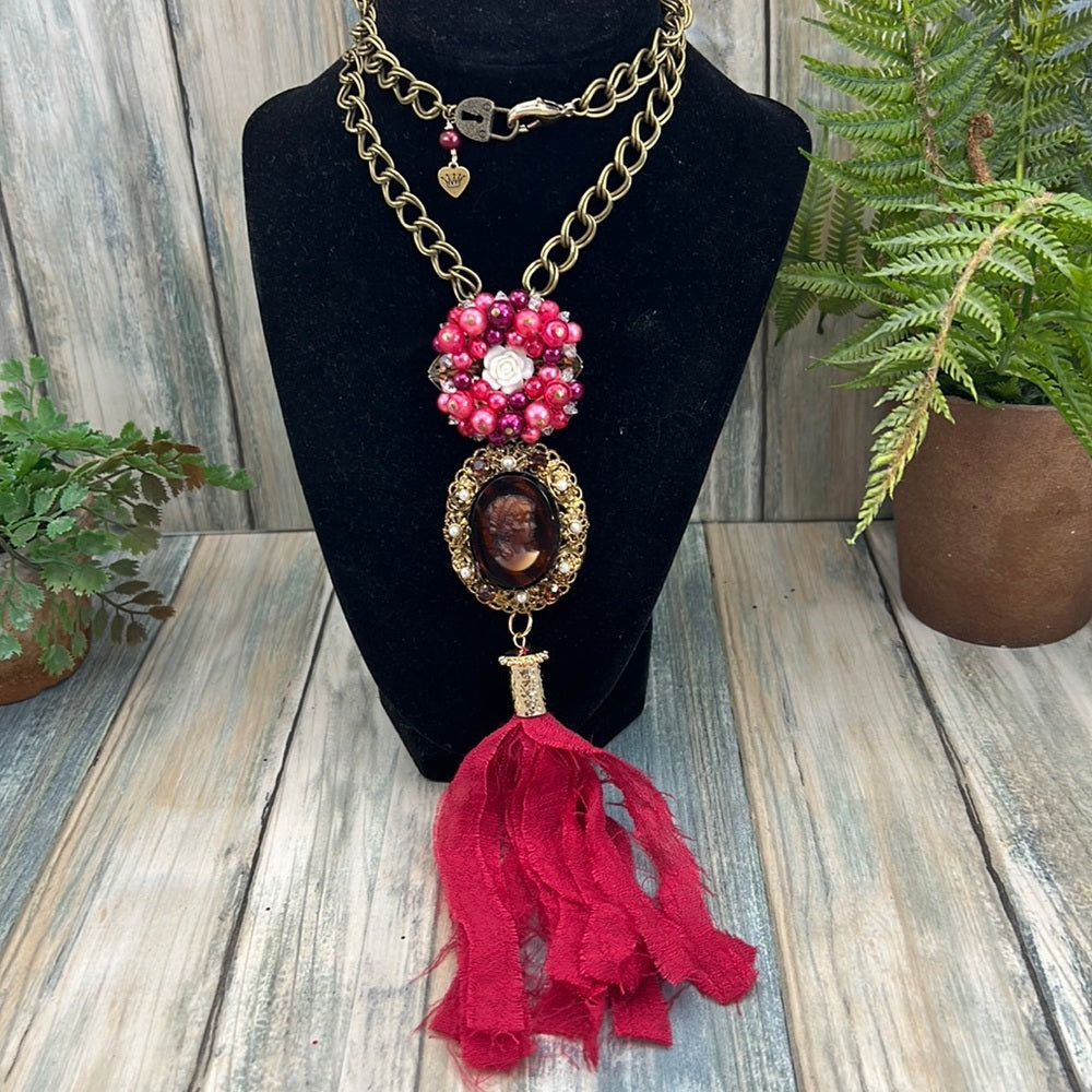 Adorned Crown Artisan Assemblage red cluster cameo silk sari tassel necklace