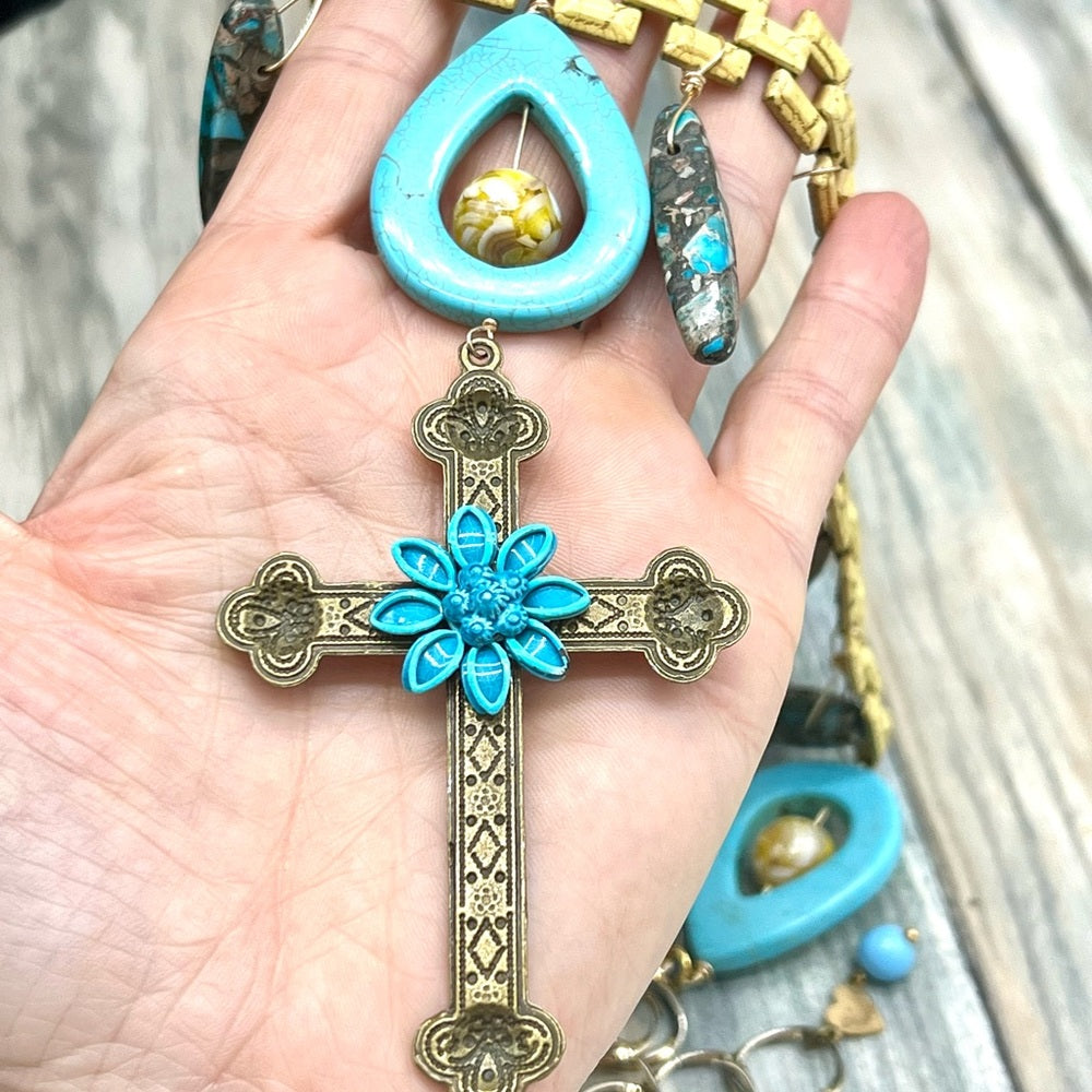 Adorned Crown Jewelry artisan assemblage enamel turquoise cross necklace