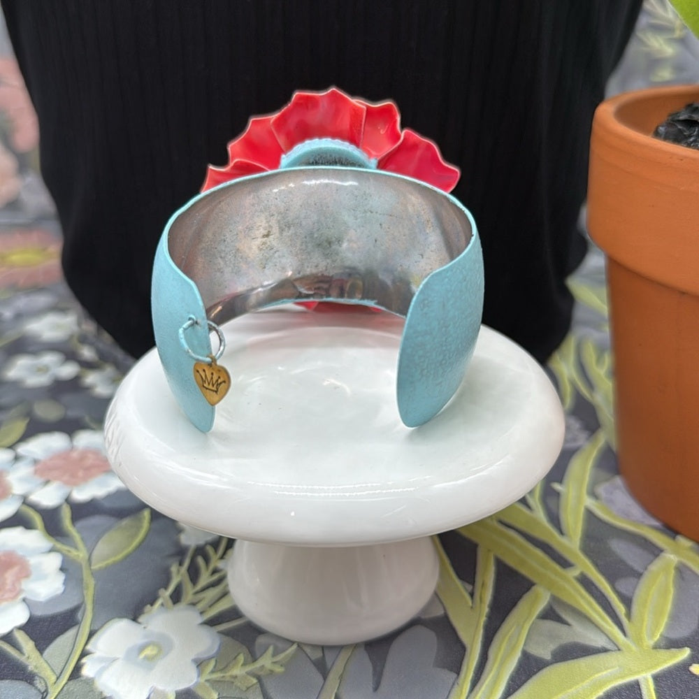 Adorned Crown Jewelry assemblage enamel salmon flower on teal cuff bracelet