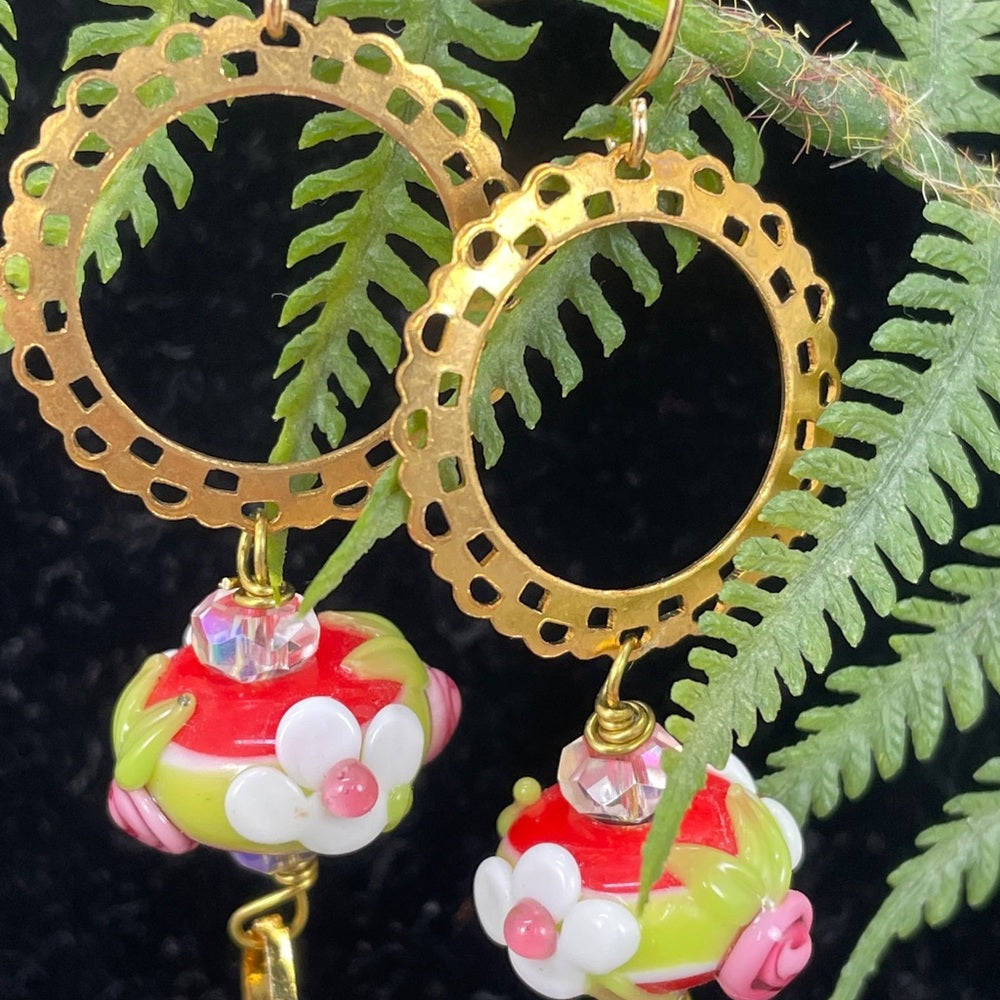 Adorned Crown lamp work floral bead heart charm earrings