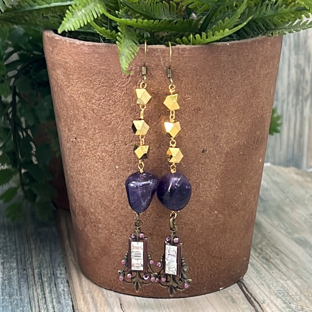 Adorned Crown Artisan Assemblage amethyst rhinestone gold cube earrings