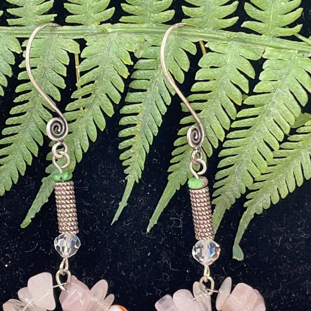 Adorned Crown artisan assemblage rose quartz Czech flower hoop earrings
