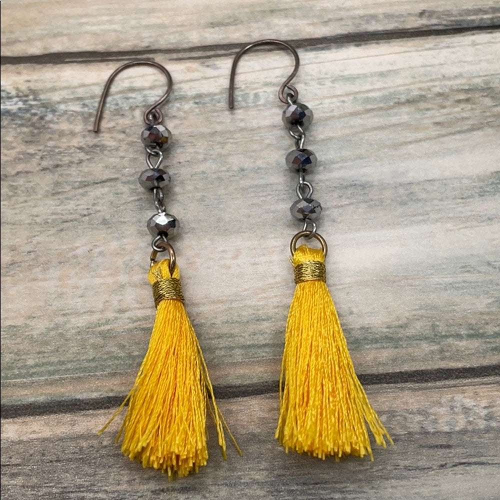 Adorned Crown assemblage yellow tassel crystal drop earrings