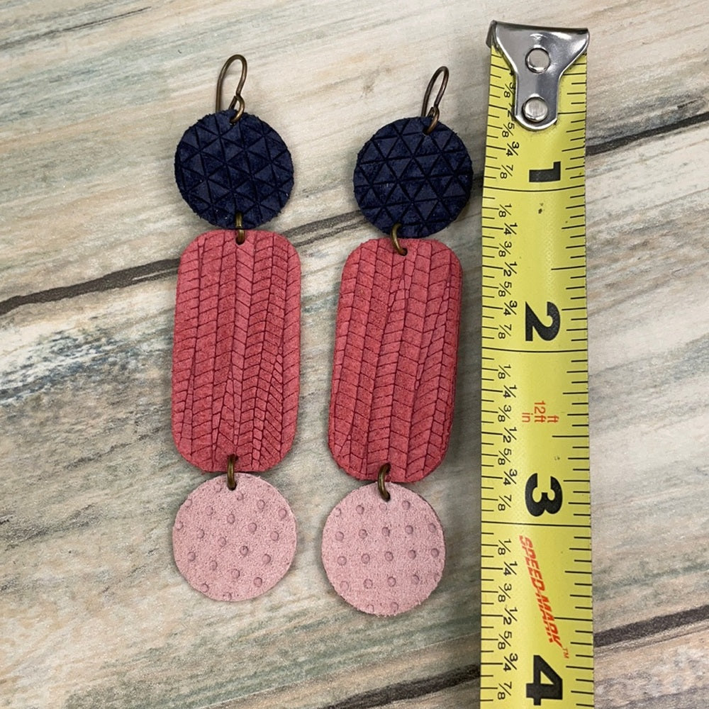 Adorned Crown geo triple leather pink blue drop earrings