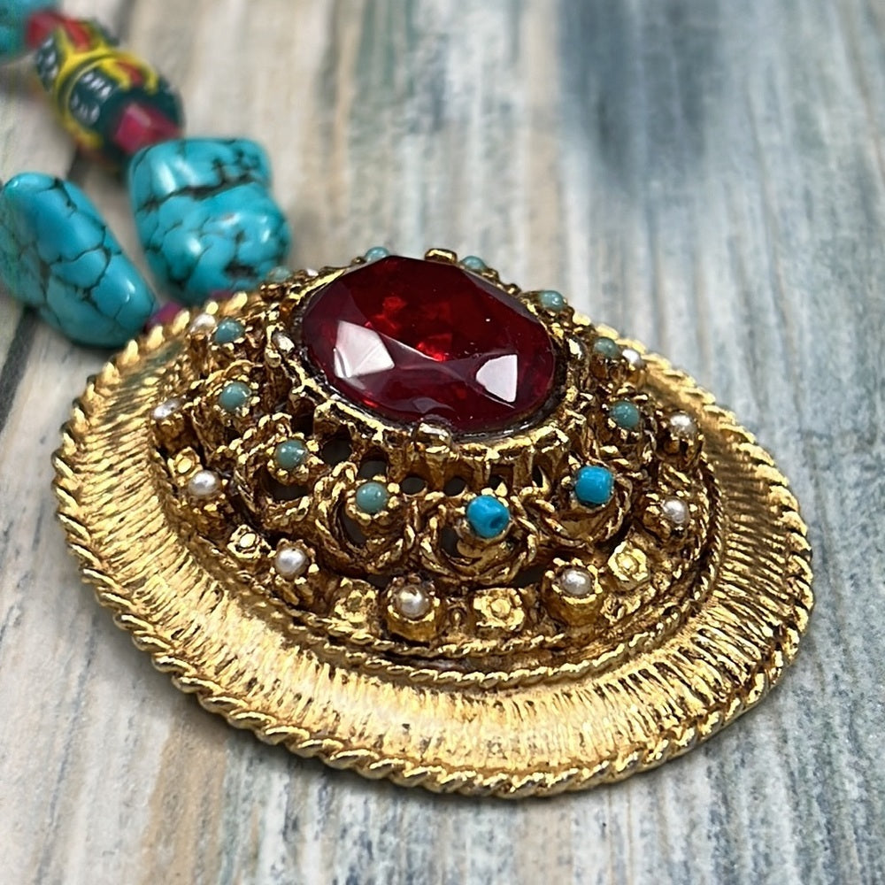Adorned Crown Artisan Assemblage turquoise & African trade bead necklace