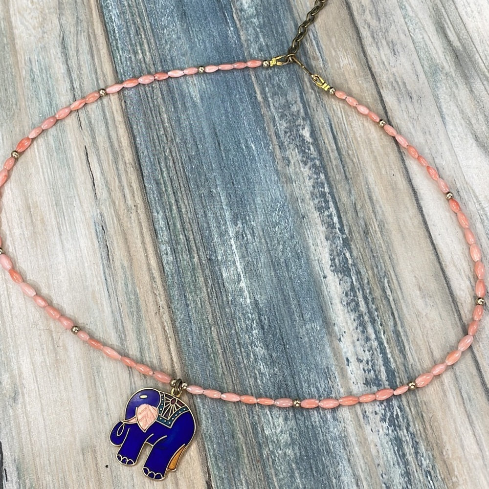 Adorned Crown Artisan assemblage vintage coral cloisonné elephant necklace