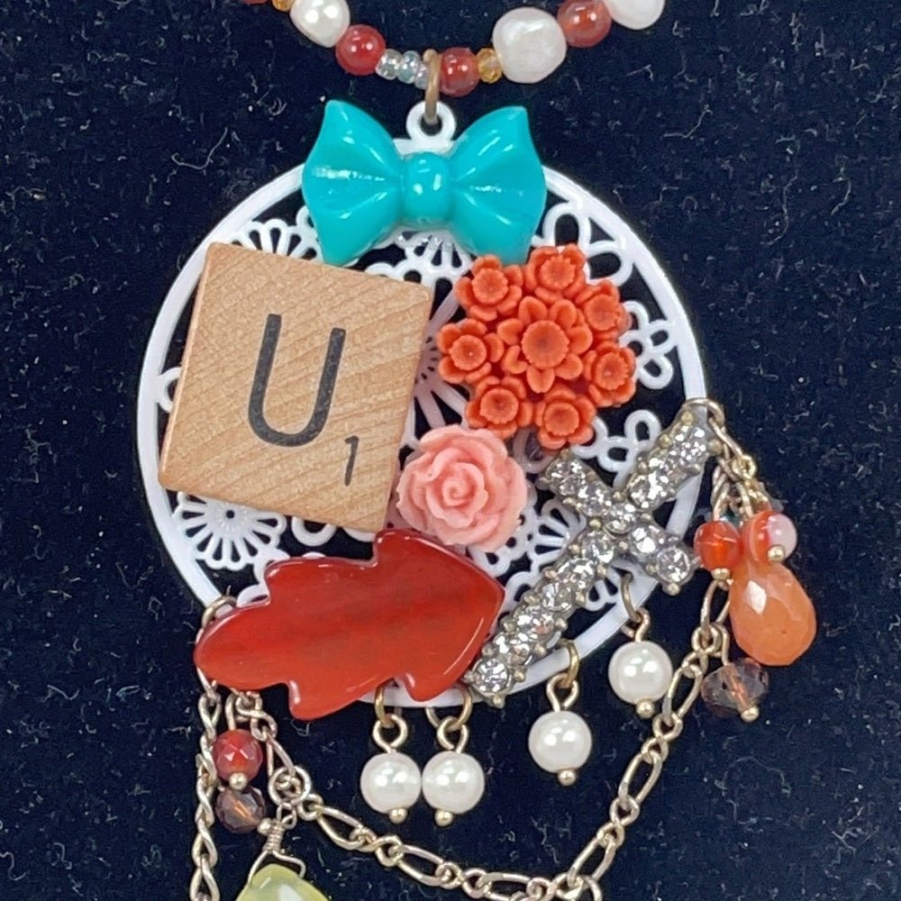 Adorned Crown artisan assemblage letter U scrabble tile cluster necklace