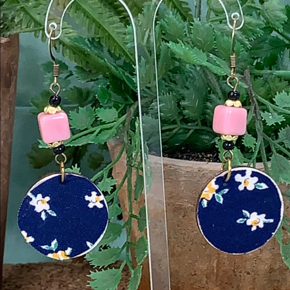 Adorned Crown vintage fabric wood disc bead earrings blue pink