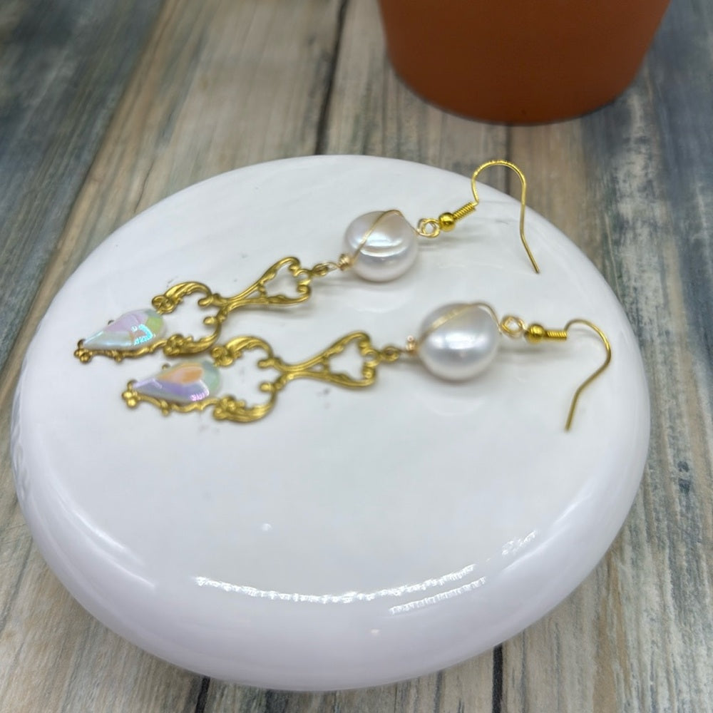 Adorned Crown Jewelry assemblage filigree Pearl Czech glass earrings