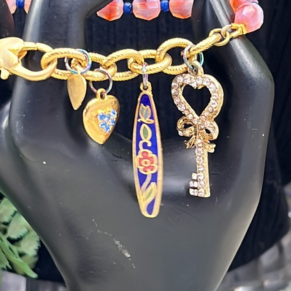 Adorned Crown Jewelry artisan assemblage heart key cloisonné pink bracelet