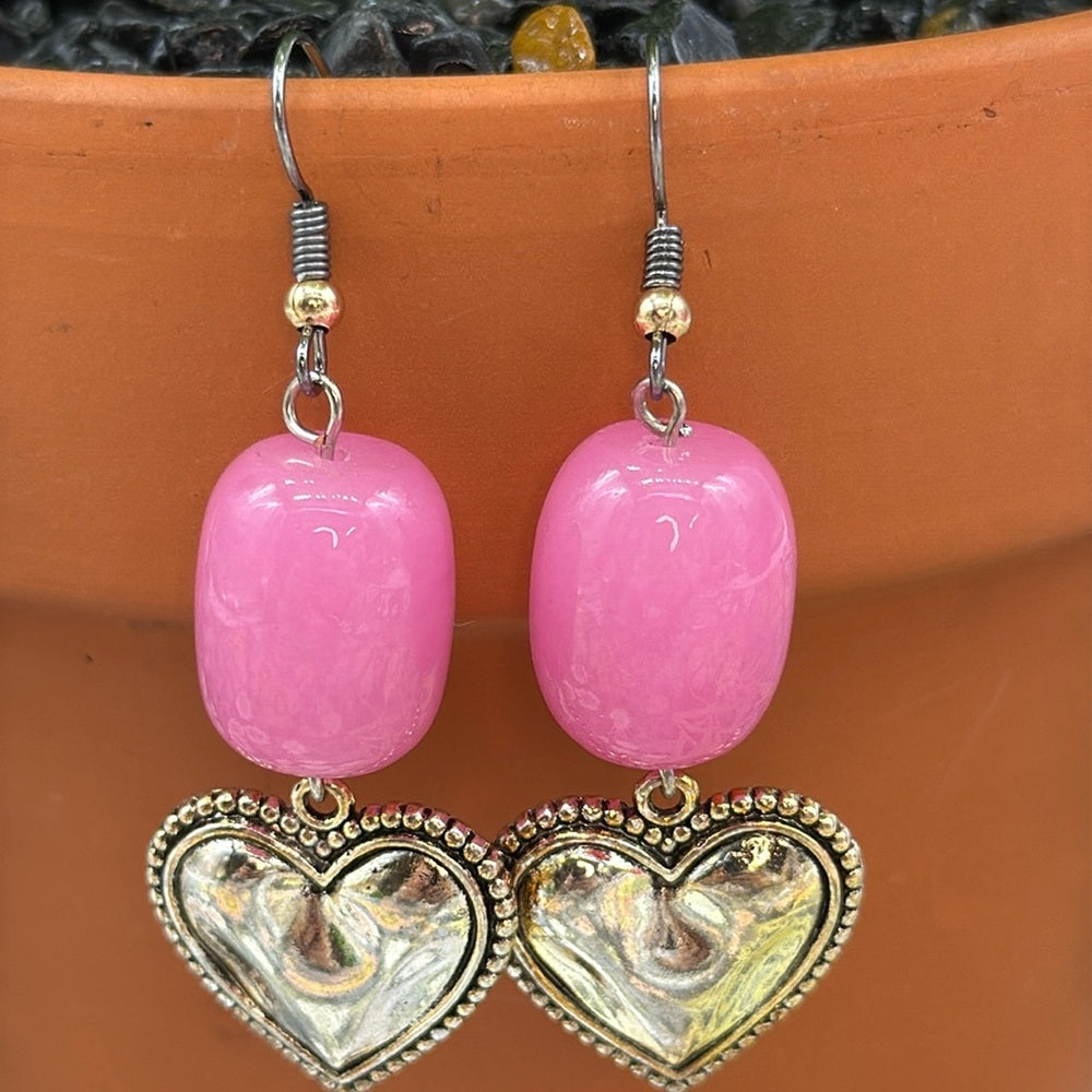 Adorned Crown rose quartz pink bead textured heart earrings