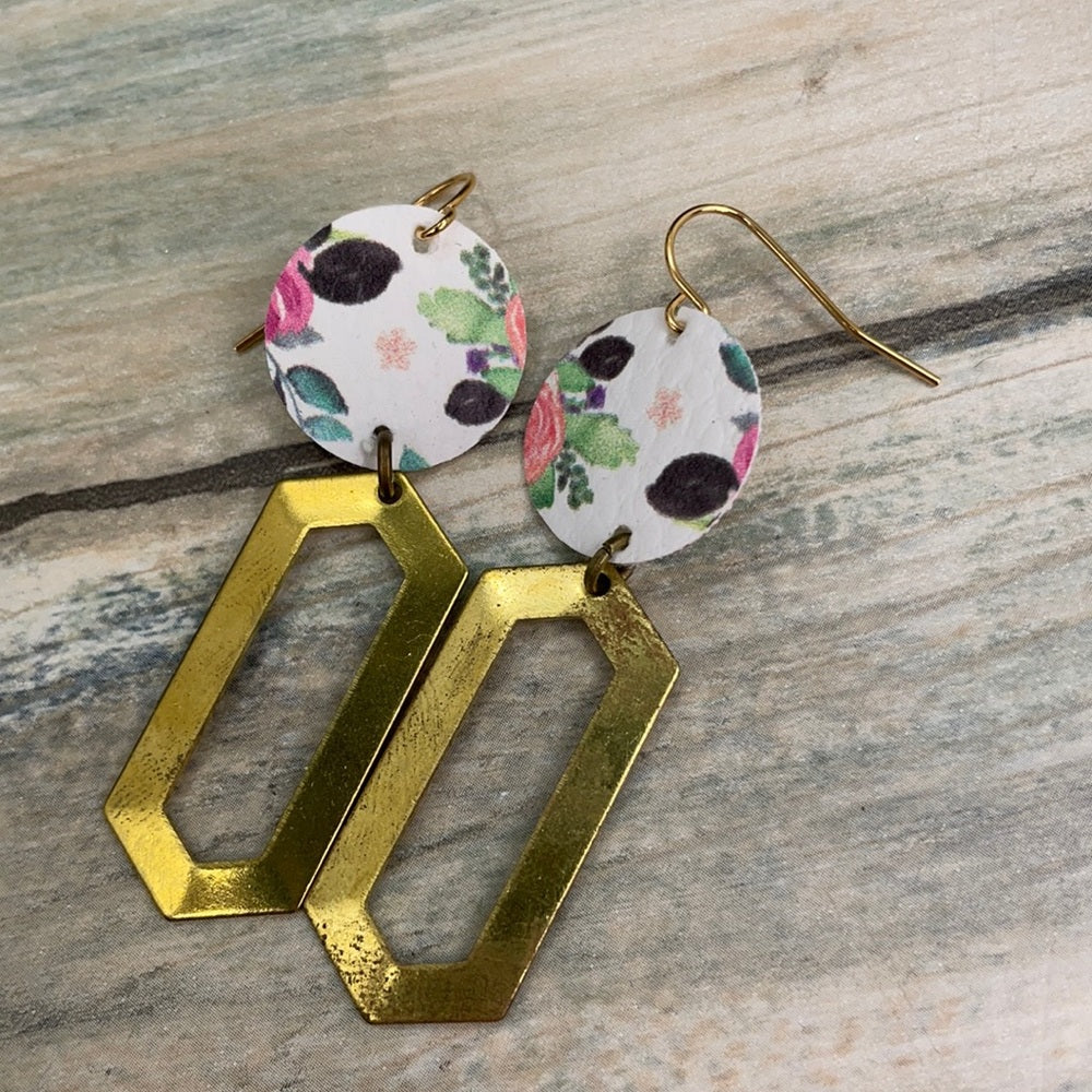 Adorned Crown geo abstract floral leather brass earrings