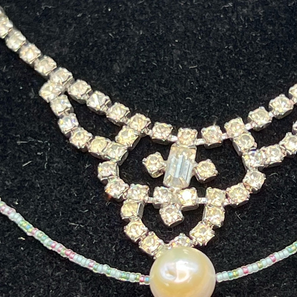 Adorned Crown Jewelry double strand beaded pearl rhinestone choker necklace