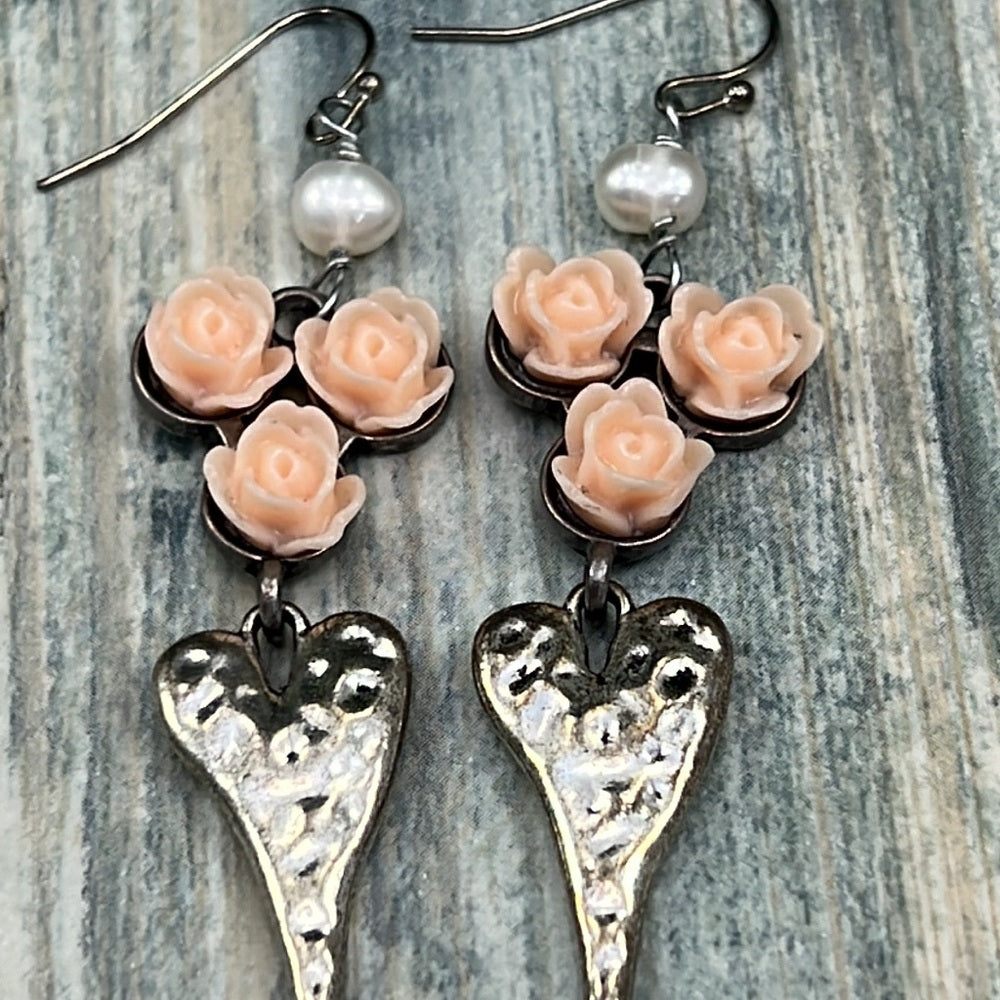 Adorned Crown Artisan Assemblage peach rose hammered heart Pearl earrings