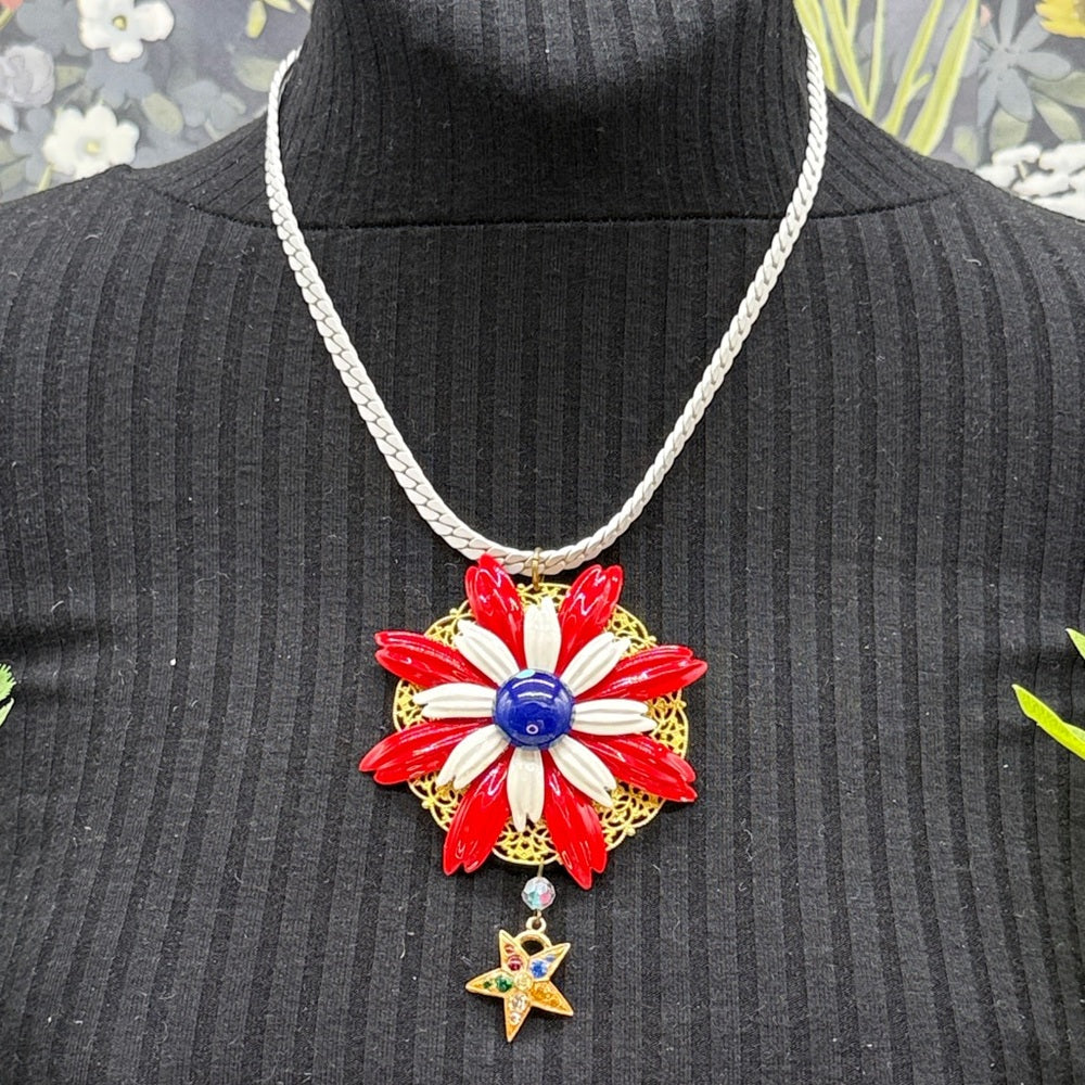 Adorned Crown Jewelry assemblage red white blue enamel flower Star necklace