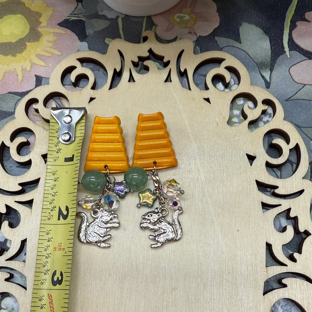 Adorned Crown Jewelry assemblage green jade squirrel enamel post earrings