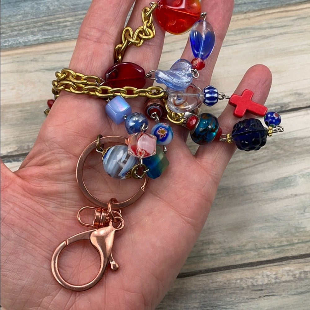 Adorned Crown artisan assemblage red blue bead keychain badge lanyard