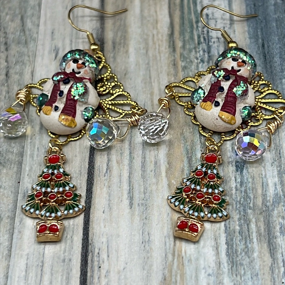 Adorned Crown Jewelry assemblage Christmas tree snowman statement earrings