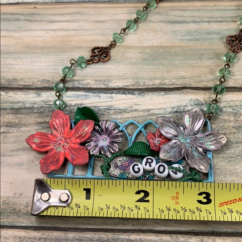 Adorned Crown artisan assemblage GROW Fence garden necklace