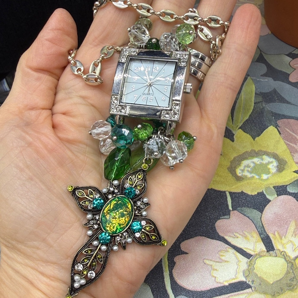 Adorned Crown Jewelry assemblage crystal glass bead watch cross green necklace