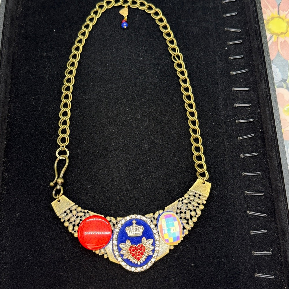 Adorned Crown Jewelry assemblage red white blue rhinestone button bib necklace