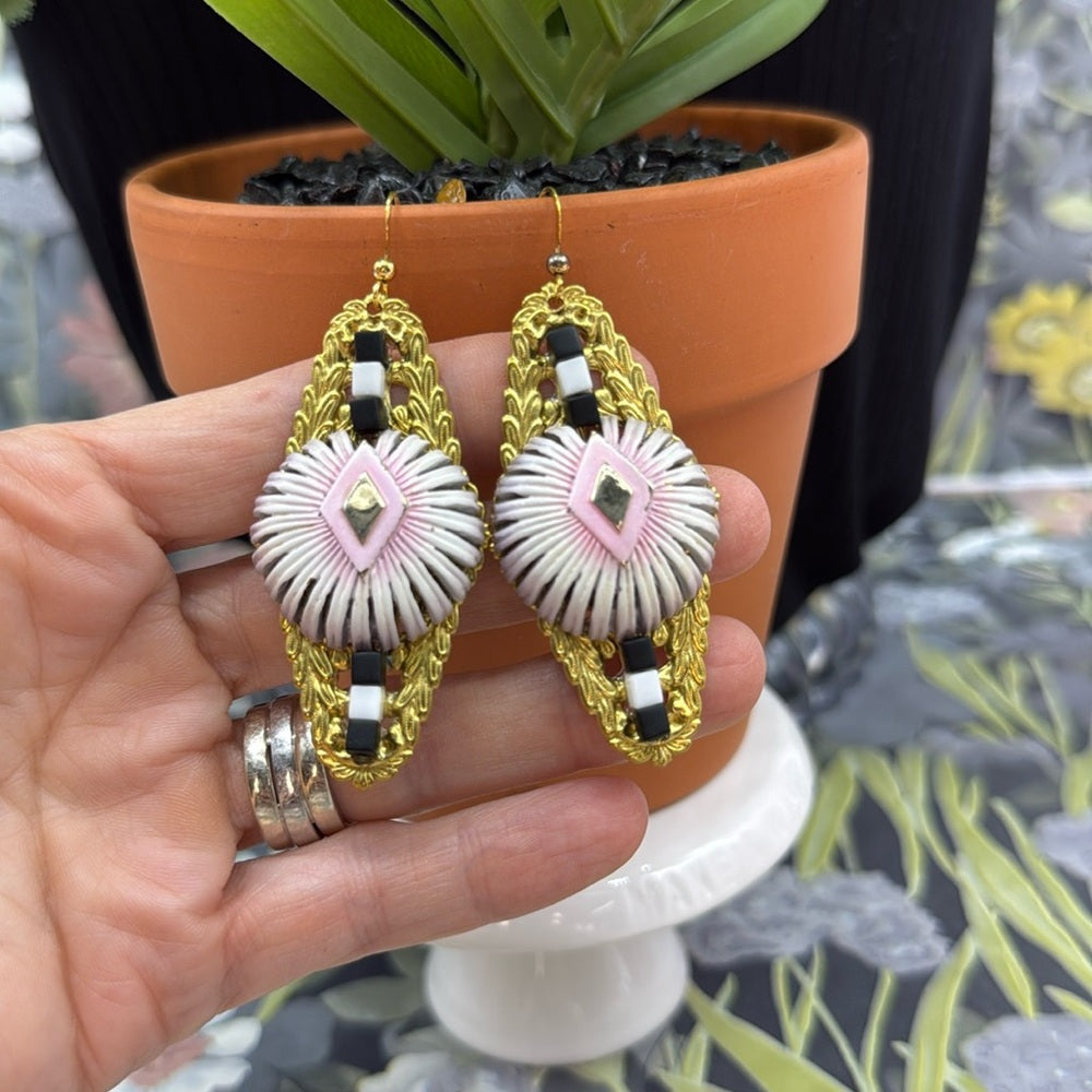 Adorned Crown Jewelry assemblage filigree pink black mod earrings