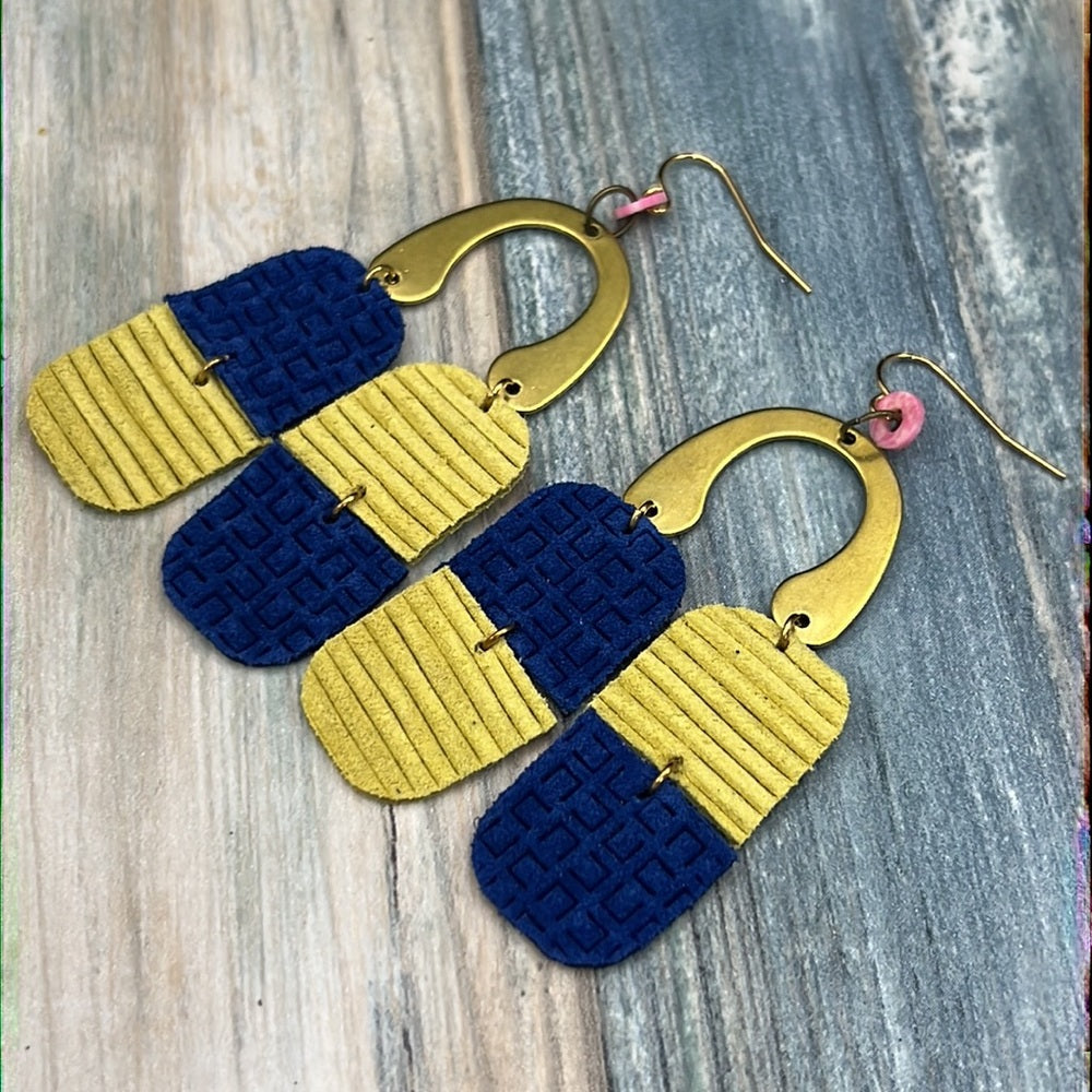 Adorned Crown leather color block yellow blue arc earrings