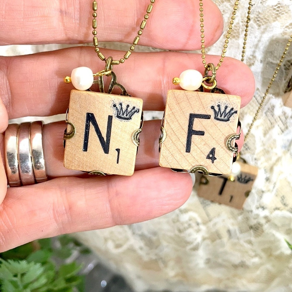 Adorned Crown scrabble tile initial Pearl necklace