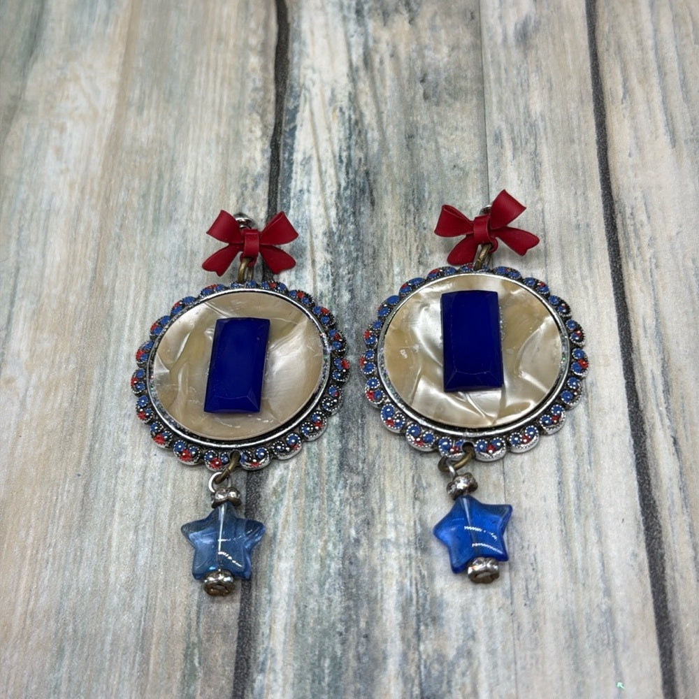 Adorned Crown Jewelry assemblage red bow mop blue cobalt star drop earrings