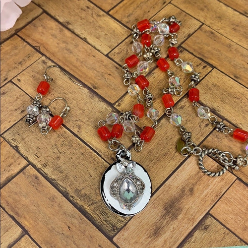Adorned Crown artisan assemblage carnelian Crystal bead necklace & earrings