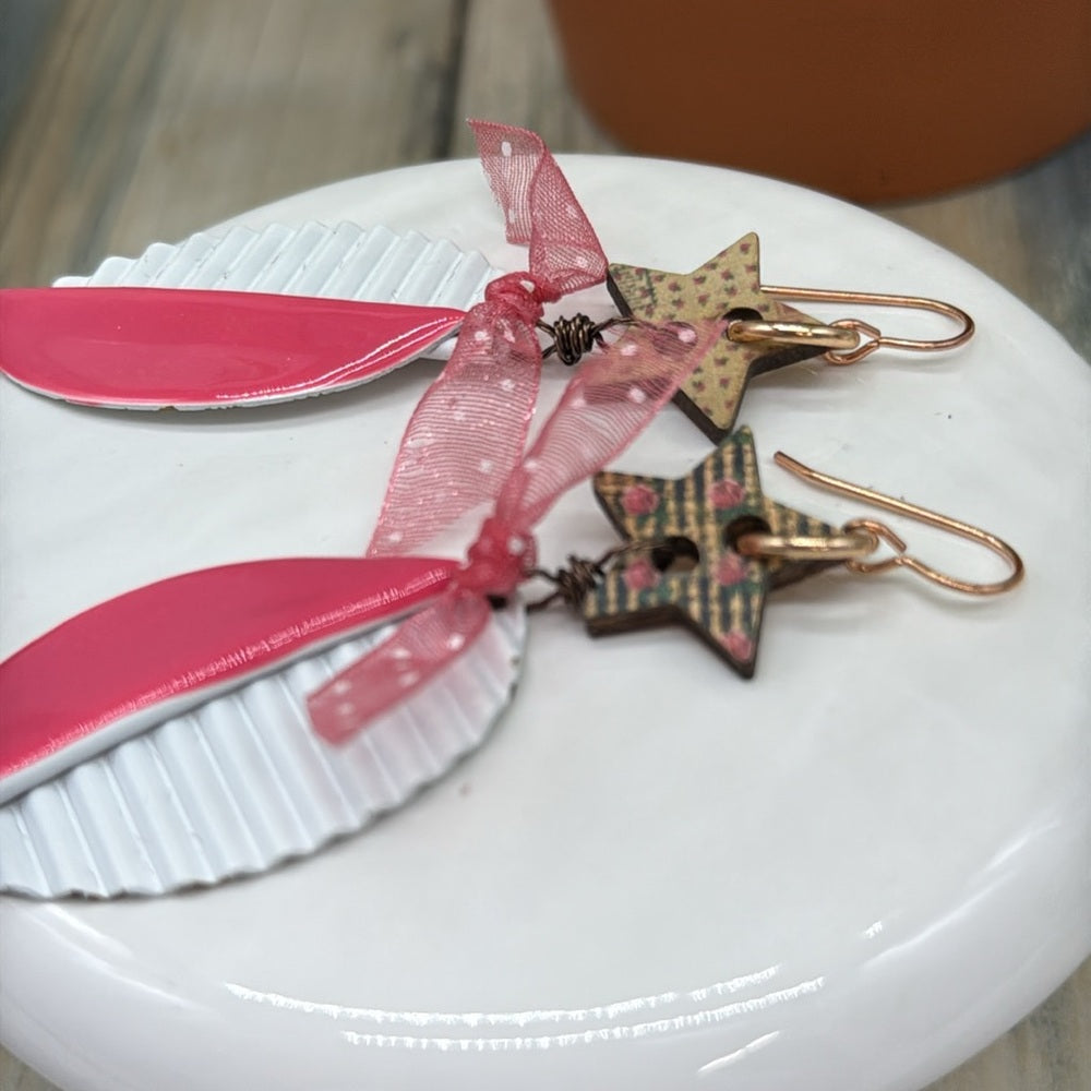Adorned Crown Jewelry assemblage pink enamel and star earrings