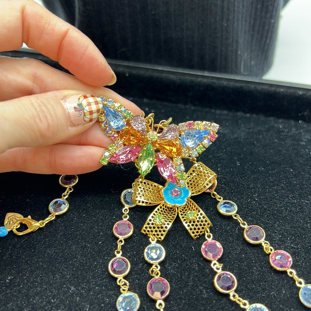 Adorned Crown Jewelry rhinestone butterfly enamel bow pastel chain necklace