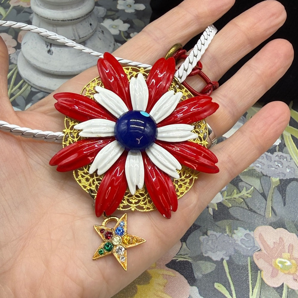 Adorned Crown Jewelry assemblage red white blue enamel flower Star necklace