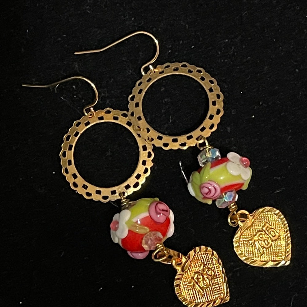 Adorned Crown lamp work floral bead heart charm earrings