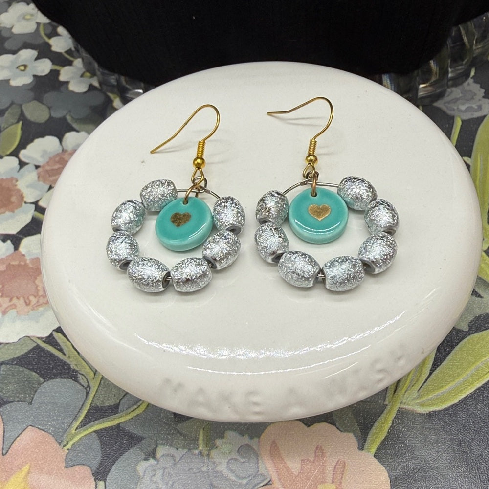 Adorned Crown Jewelry assemblage ceramic heart glass beads sea foam earrings