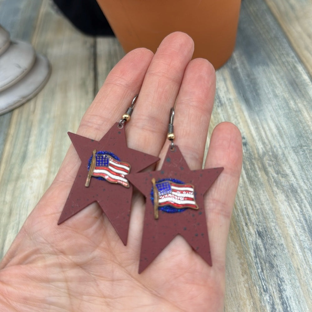 Adorned Crown Jewelry assemblage Red Star Dangle Earrings with enamel flags