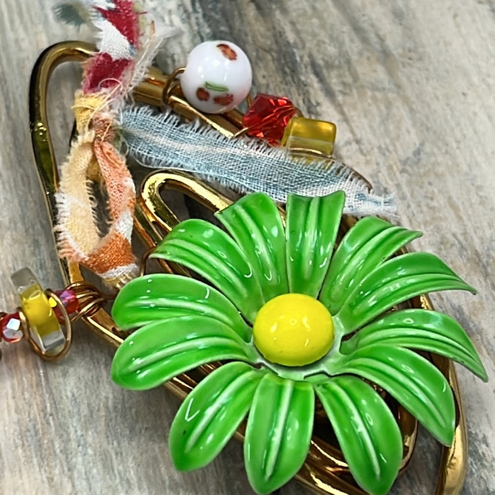 Adorned Crown Jewelry Artisan Assemblage atomic green enamel flower necklace
