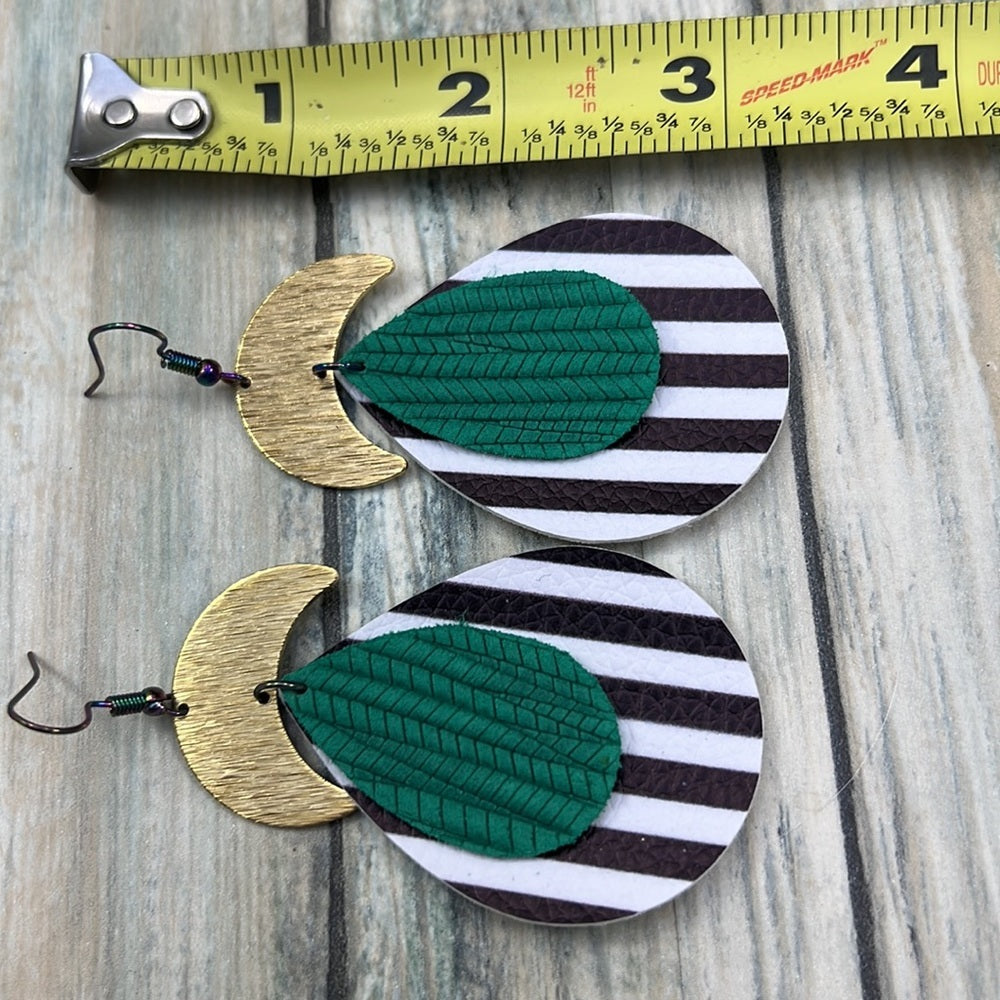 Adorned Crown Artisan Assemblage leather crescent green stripe earrings
