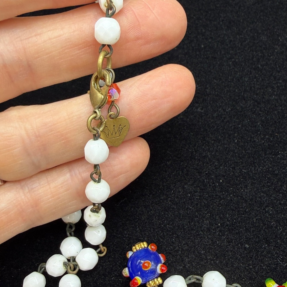 Adorned Crown Jewelry assemblage vintage white glass lamp work bead necklace