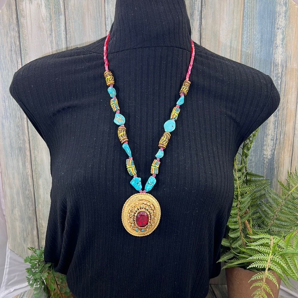 Adorned Crown Artisan Assemblage turquoise & African trade bead necklace