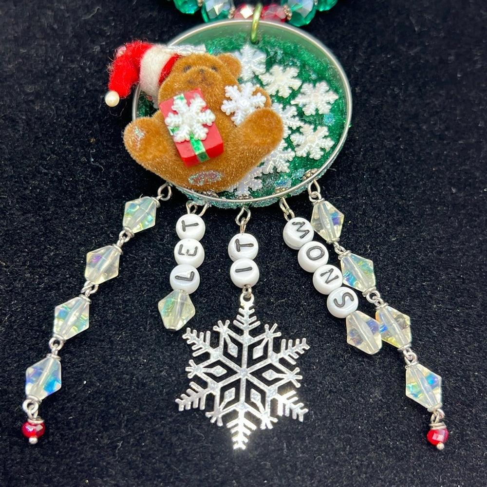 Adorned Crown Jewelry assemblage Christmas let it snow teddy bear necklace