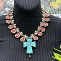 Adorned Crown Jewelry assemblage pink rhinestone teal cross necklace
