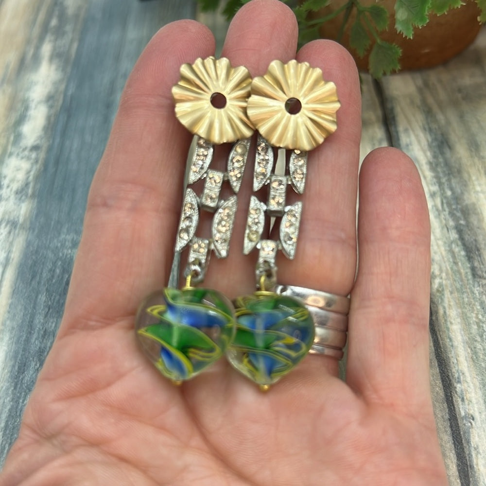 Adorned Crown Jewelry rhinestone lamp work glass heart bead post earrings